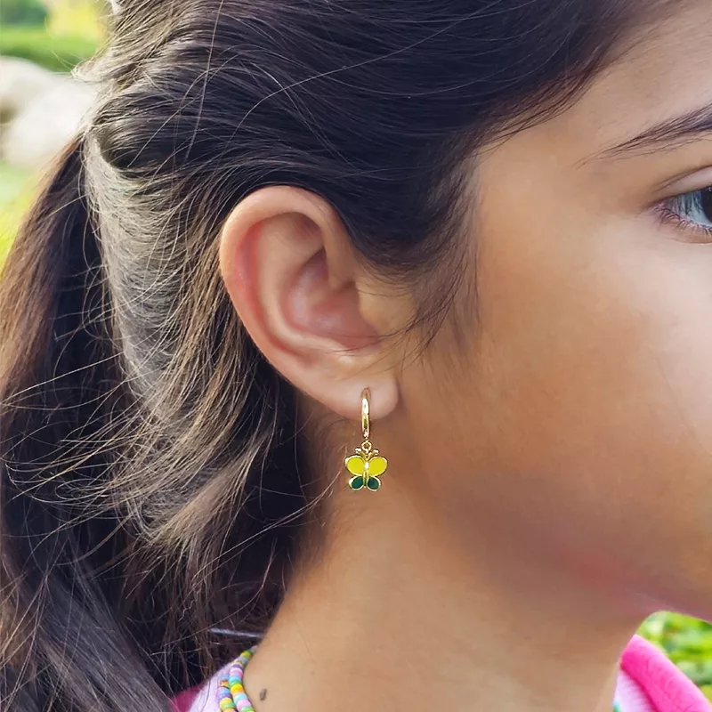18kt gold baby hoop earrings with colorful enamel butterfly charms.