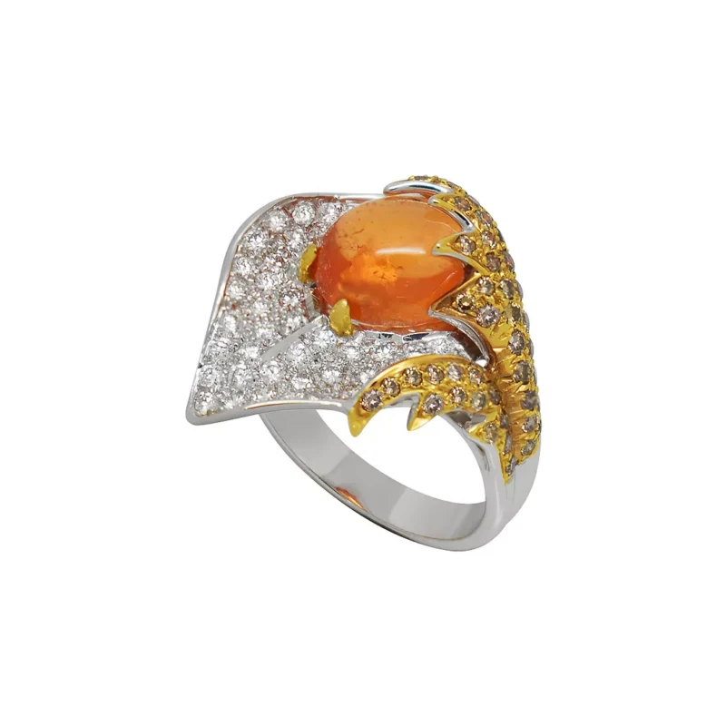 Floral 18kt white and yellow gold ring with cabochon Spessartite garnets and pavé diamond accents