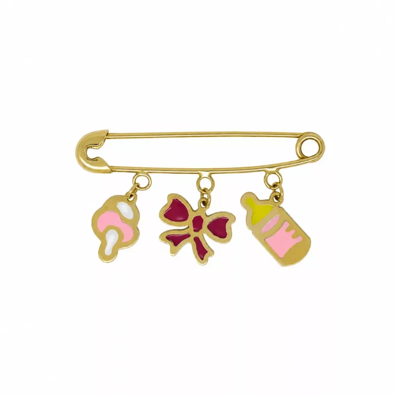 Baby gold brooch 18kt gold enamel safety pin design