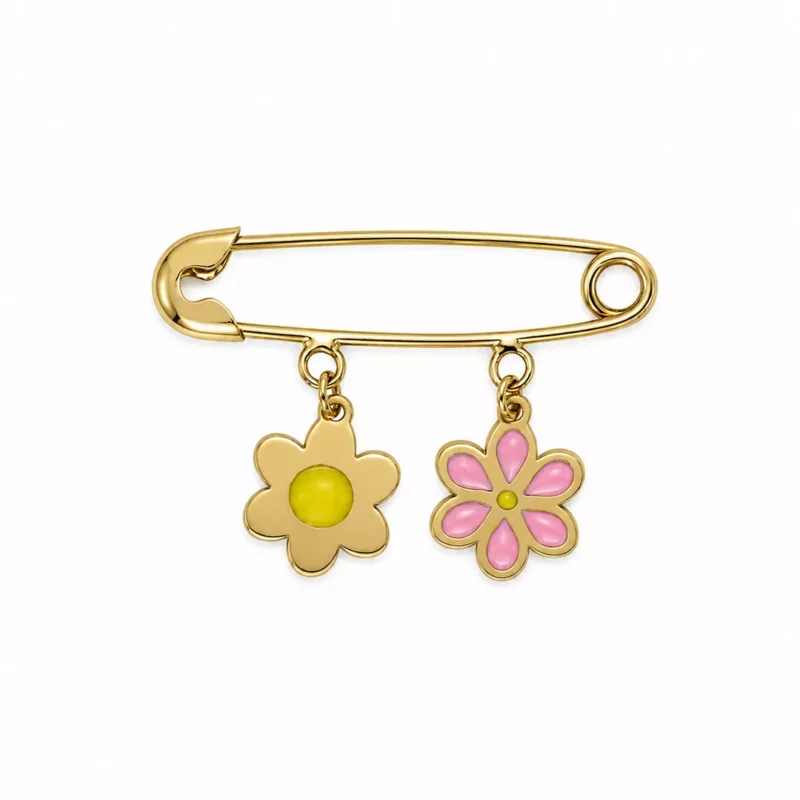 18KT yellow gold baby brooch with pink and yellow floral charms and secure safety pin design for newborn babies.