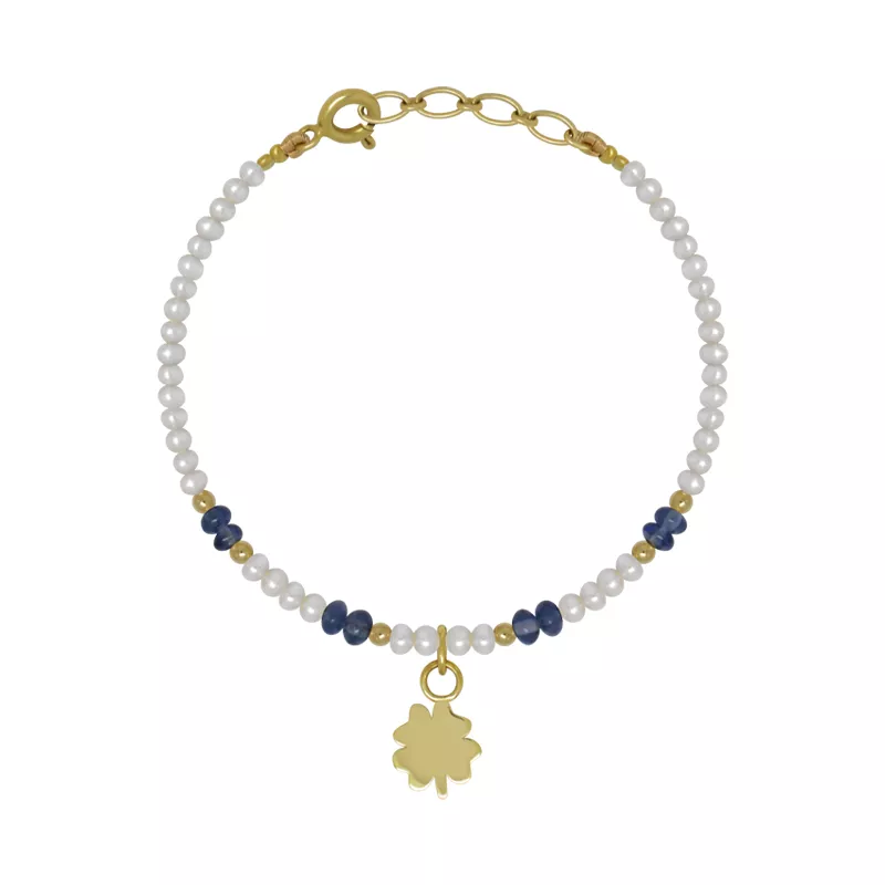 18kt yellow gold baby bracelet featuring alternating freshwater pearls, sapphire beads, and a dangling clover charm