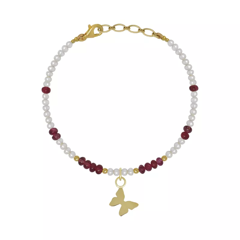 Discover our 18kt gold baby bracelet with pearls and rubies. This adjustable 15cm-17cm lucky butterfly bracelet is the perfect gift.