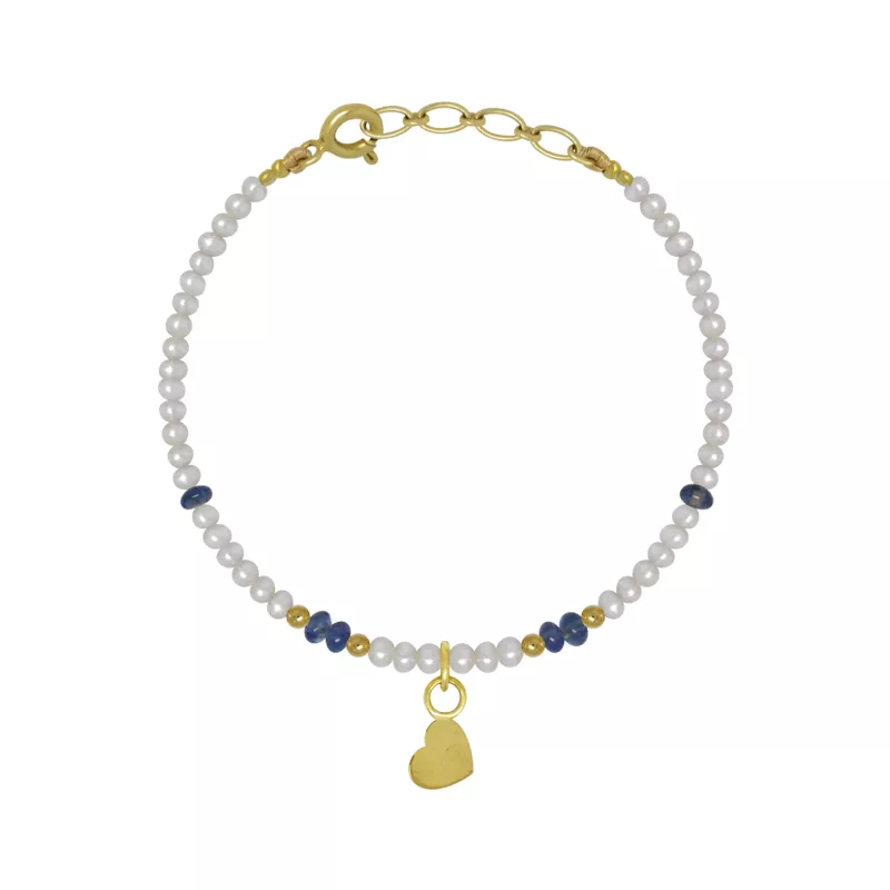 An 18kt gold baby bracelet with pearls, sapphire beads, and a dangling heart charm.