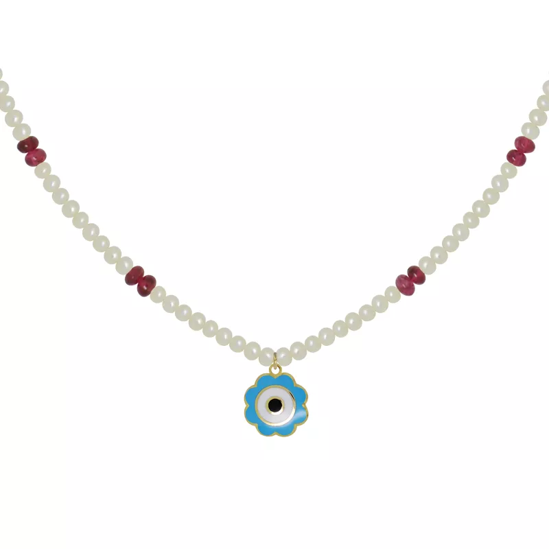 An 18kt yellow gold baby necklace featuring white freshwater pearls, pinkish-red spinel beads, and a central turquoise, white, and black enamel eye pendant against a dark background.