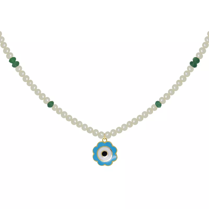 An 18kt yellow gold baby necklace featuring white freshwater pearls, faceted emerald beads, and a central turquoise enamel eye pendant.