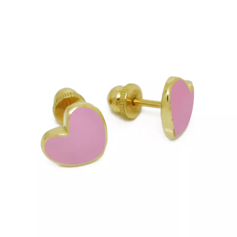 18kt yellow gold pink enamel heart baby earrings