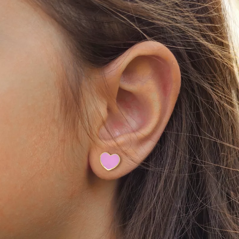 18kt yellow gold pink enamel heart baby earrings