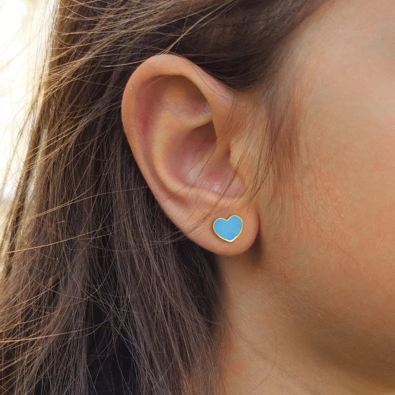 18kt gold turquoise enamel heart baby earrings